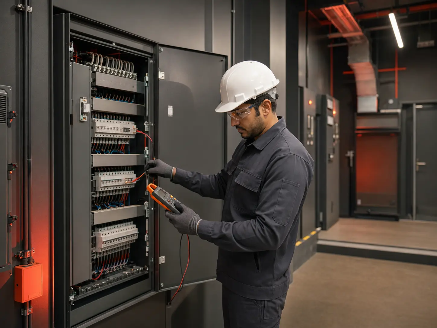 Facilities electrician inspecting a commercial distribution board
