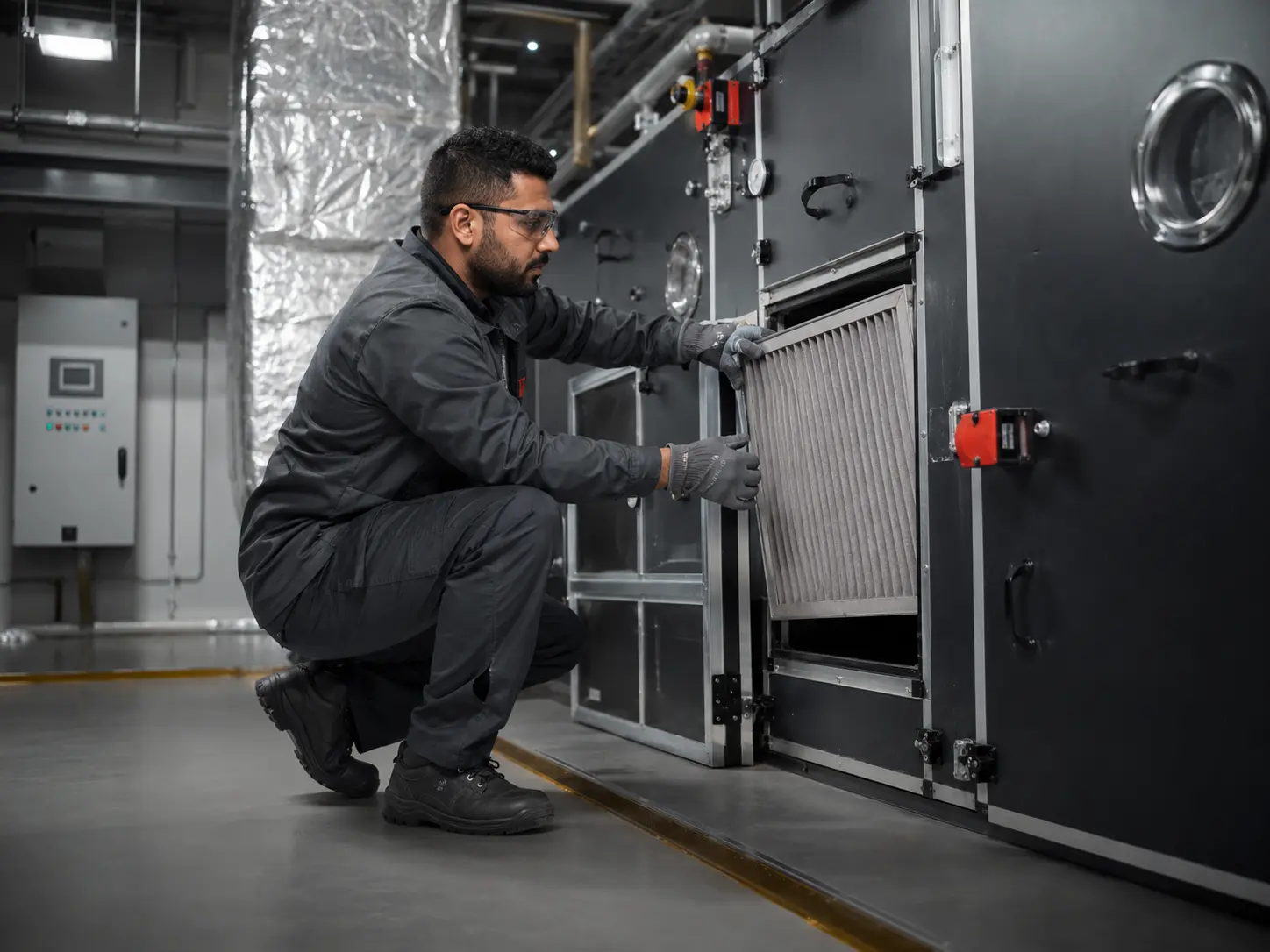 HVAC technician servicing a commercial air-handling unit