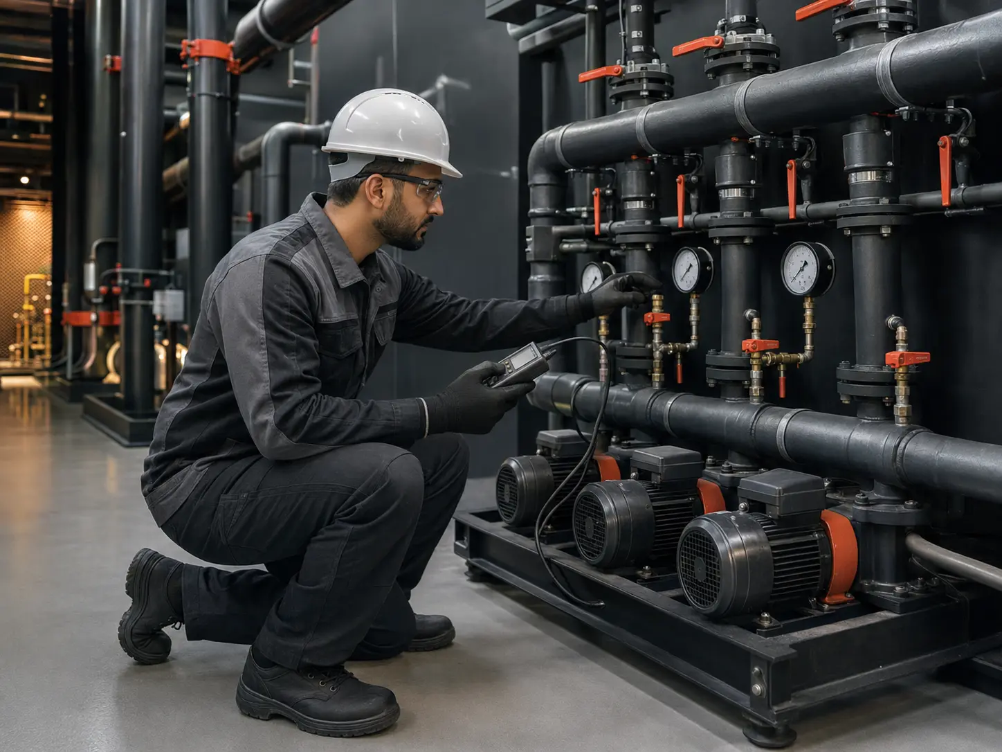 Facilities technician inspecting commercial pumps and pipework